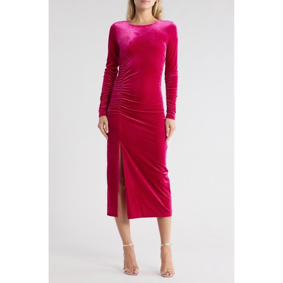 Sam Edelman Dresses & Skirts - SAM EDELMAN Pink Velvet Long Sleeve Bodycon Midi Dress Front Slit Party NYE | 8